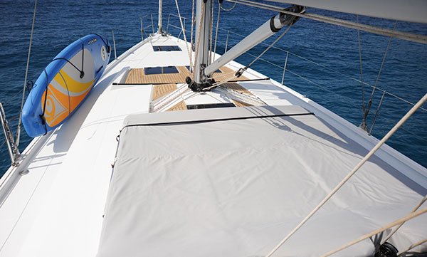 View from the bow of a Formentera charter yacht, showcasing the open sea